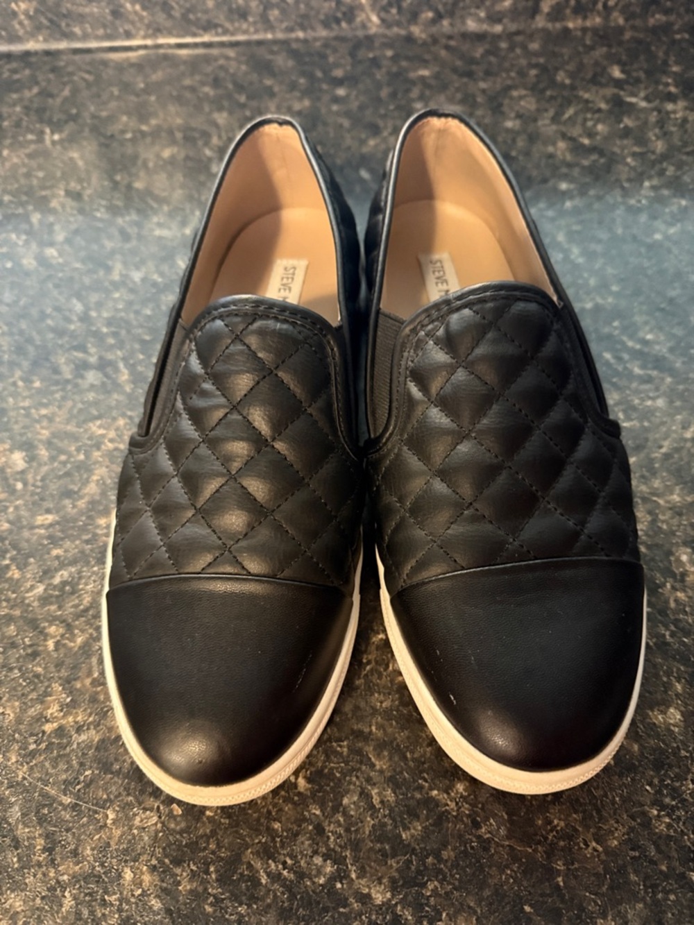 Steve Madden Black Quilted Slip-On Sneakers with White Sole